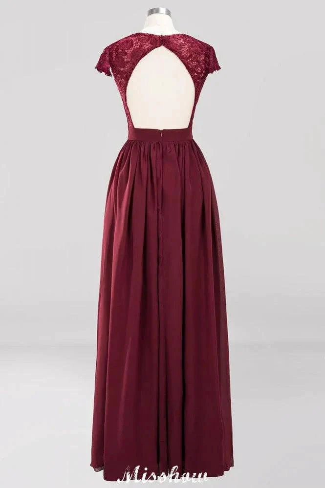 A-line Chiffon Lace V-Neck Sleeveless Floor-Length Bridesmaid Dresses with Ruffles - Image 4