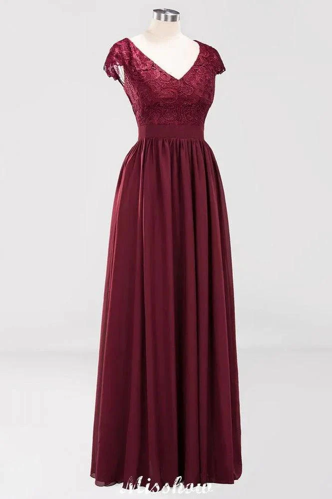 A-line Chiffon Lace V-Neck Sleeveless Floor-Length Bridesmaid Dresses with Ruffles - Image 5