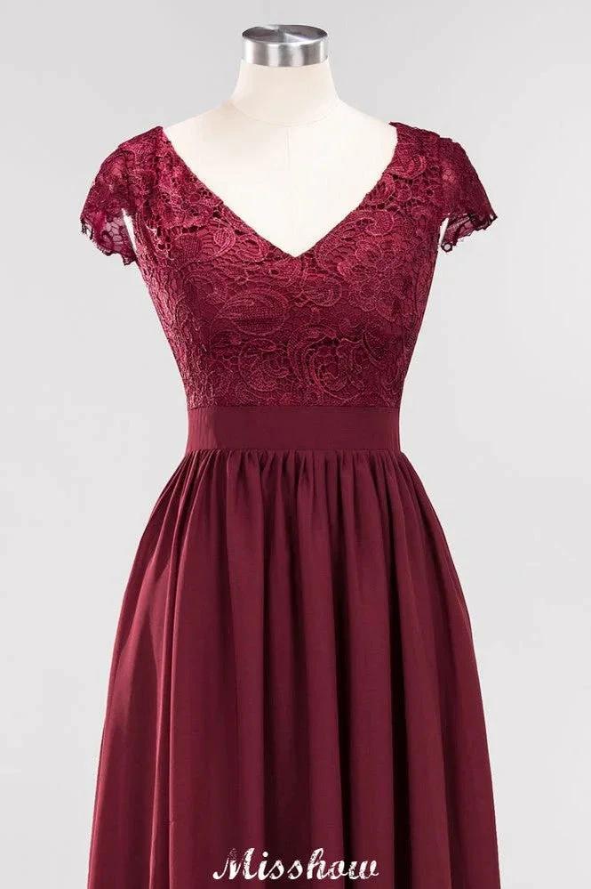 A-line Chiffon Lace V-Neck Sleeveless Floor-Length Bridesmaid Dresses with Ruffles - Image 6