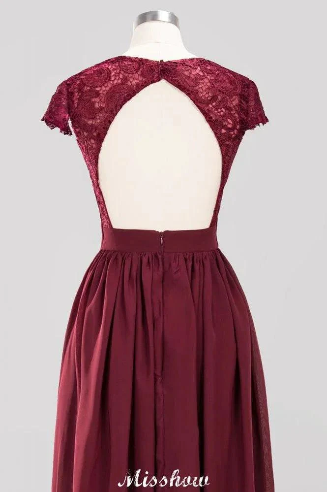 A-line Chiffon Lace V-Neck Sleeveless Floor-Length Bridesmaid Dresses with Ruffles - Image 7