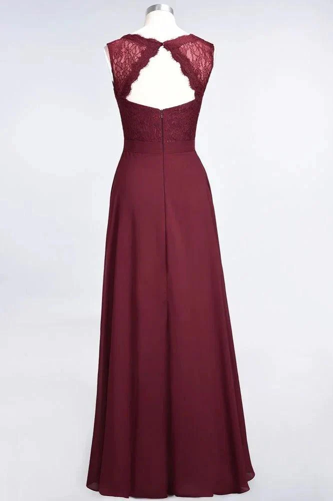 A-Line Chiffon Lace V-Neck Sleeveless Floor-Length Bridesmaid Dresses with Ruffles - Image 10