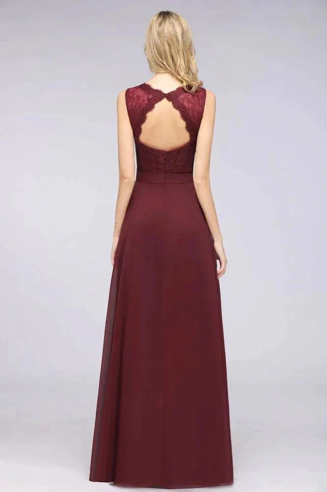 A-Line Chiffon Lace V-Neck Sleeveless Floor-Length Bridesmaid Dresses with Ruffles - Image 2