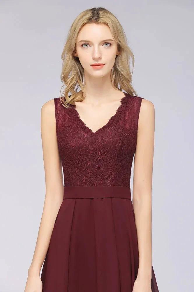 A-Line Chiffon Lace V-Neck Sleeveless Floor-Length Bridesmaid Dresses with Ruffles - Image 3