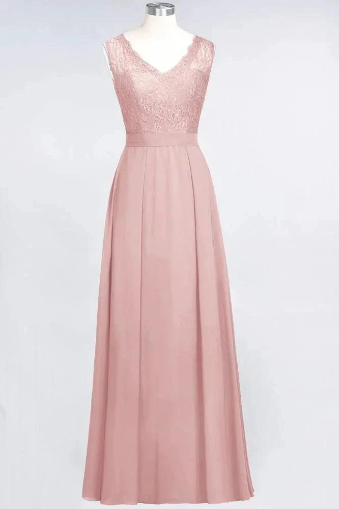 A-Line Chiffon Lace V-Neck Sleeveless Floor-Length Bridesmaid Dresses with Ruffles - Image 4