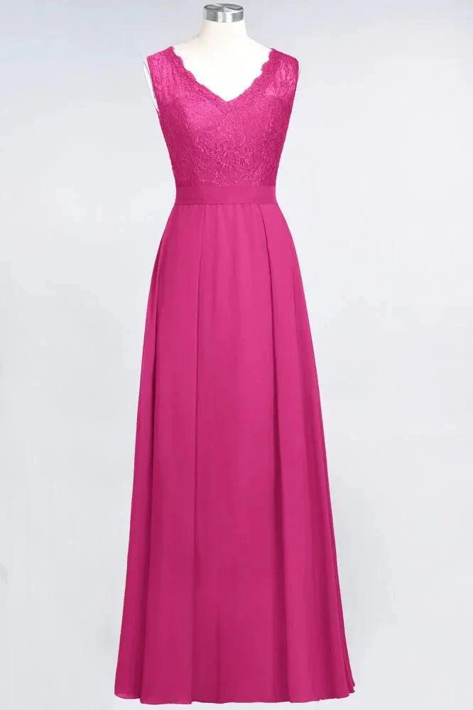 A-Line Chiffon Lace V-Neck Sleeveless Floor-Length Bridesmaid Dresses with Ruffles - Image 5