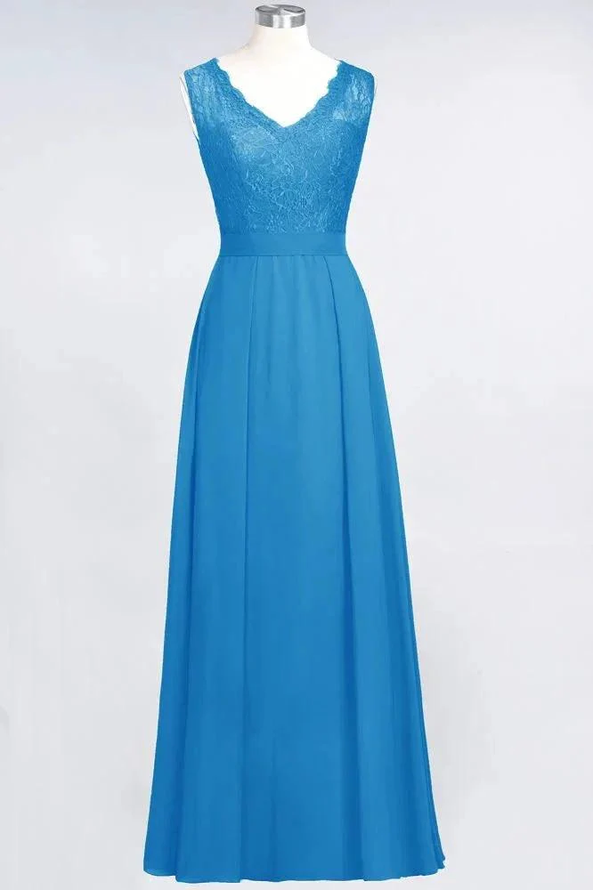 A-Line Chiffon Lace V-Neck Sleeveless Floor-Length Bridesmaid Dresses with Ruffles - Image 7