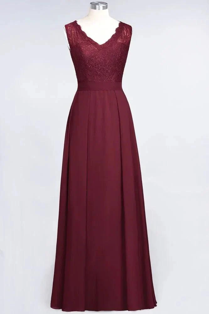 A-Line Chiffon Lace V-Neck Sleeveless Floor-Length Bridesmaid Dresses with Ruffles - Image 9