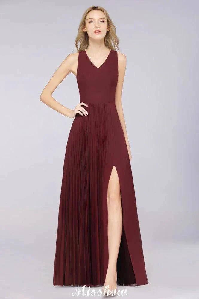 A-Line Chiffon V-Neck Sleeveless Bridesmaid Dress Floor-Length Ruffles Side Split Evening Gown - Image 3