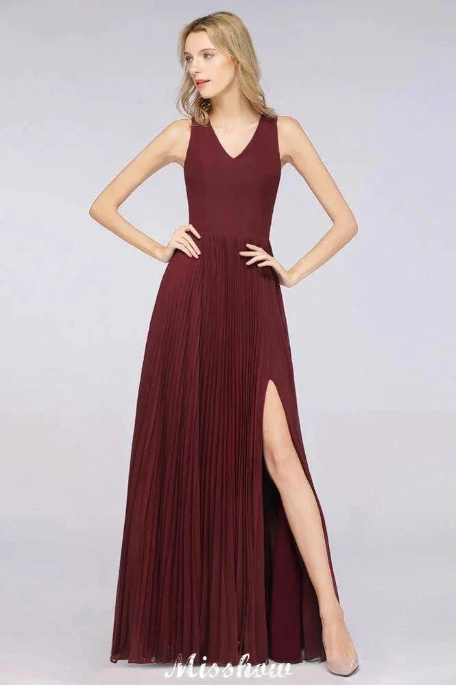 A-Line Chiffon V-Neck Sleeveless Bridesmaid Dress Floor-Length Ruffles Side Split Evening Gown - Image 4