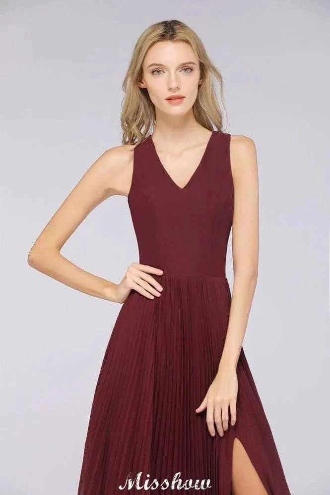 A-Line Chiffon V-Neck Sleeveless Bridesmaid Dress Floor-Length Ruffles Side Split Evening Gown - Image 7