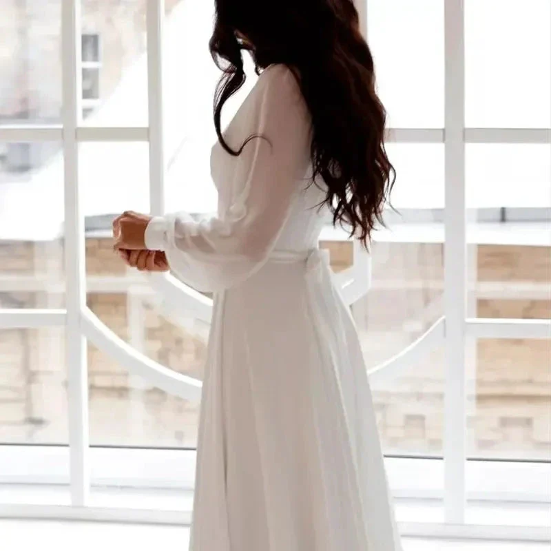 A Line Chiffon Wedding Dresses White Dresses Womens vestidos boda playa vestidos de boda Elopment Full Sleeve Simple - Image 2