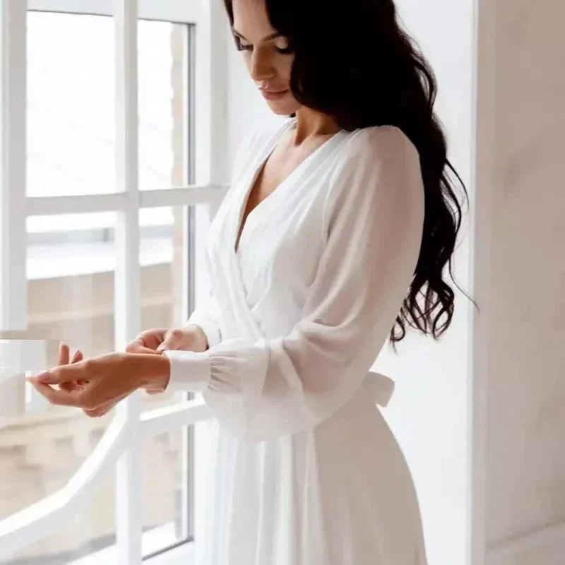 A Line Chiffon Wedding Dresses White Dresses Womens vestidos boda playa vestidos de boda Elopment Full Sleeve Simple - Image 4