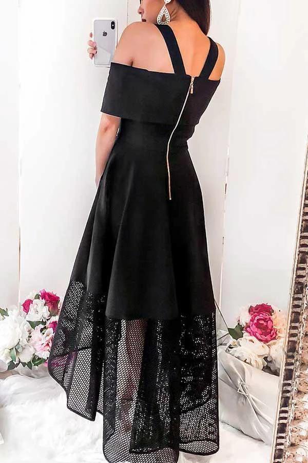 A-Line Cold Shoulder High Low Black Homecoming Dress with Lace PD054 - Image 2