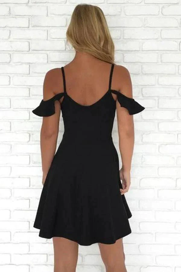 A-Line Cold Shoulder Short Black Homecoming Dresses Prom Dresses PD223 - Image 2