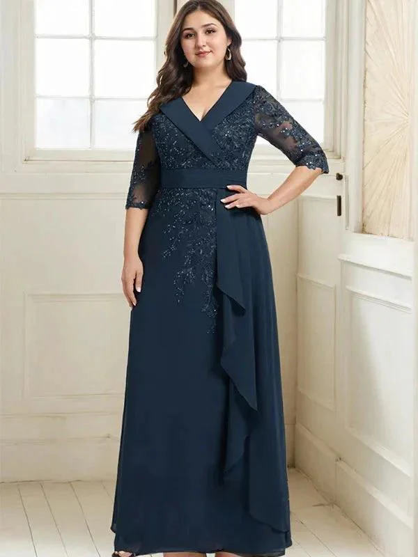 A-line Collared V-Neck Floor-Length Lace Chiffon Mother of the Bride Dress With Sequins Cascading Ruffles - Image 10
