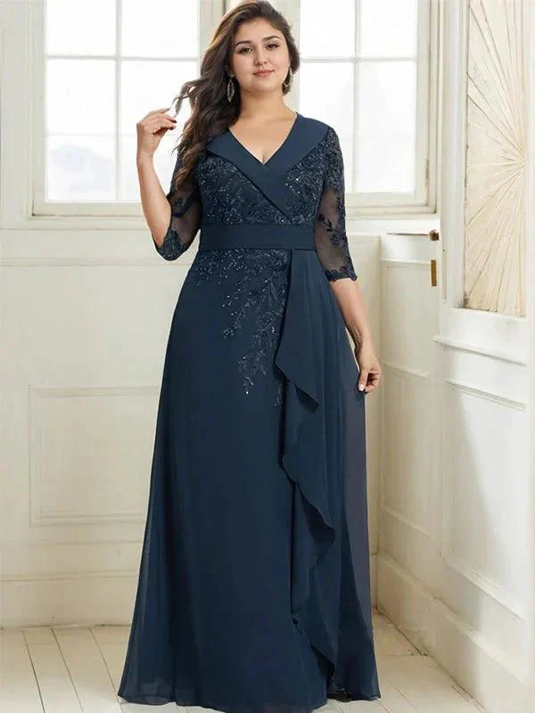A-line Collared V-Neck Floor-Length Lace Chiffon Mother of the Bride Dress With Sequins Cascading Ruffles - Image 11