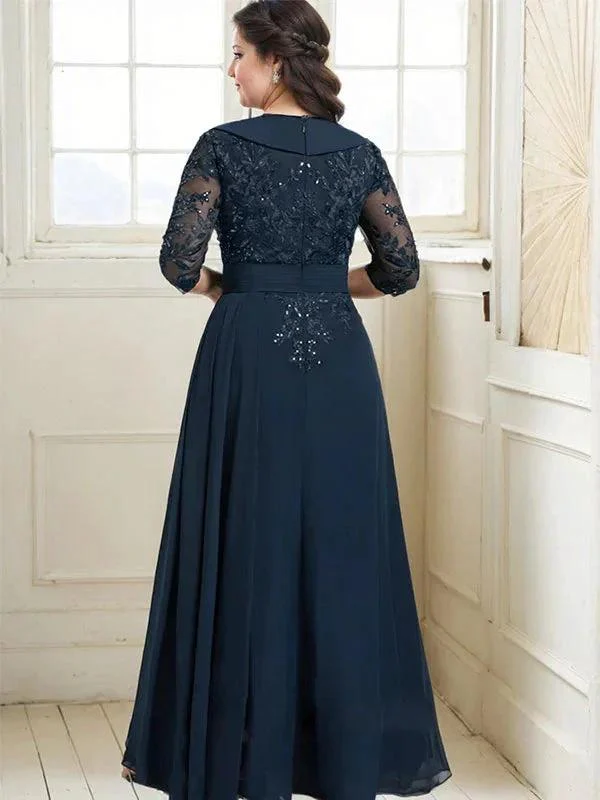 A-line Collared V-Neck Floor-Length Lace Chiffon Mother of the Bride Dress With Sequins Cascading Ruffles - Image 12