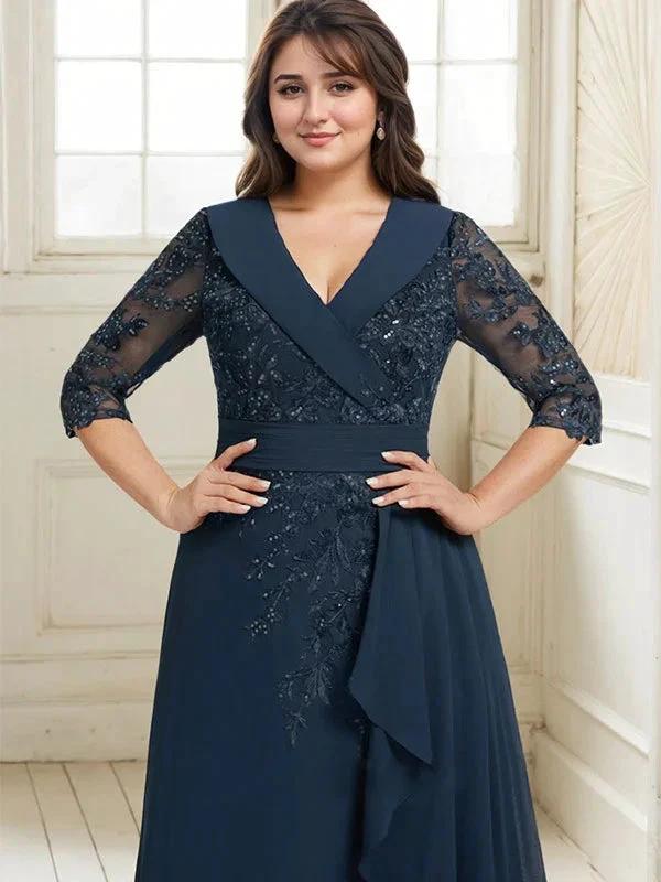A-line Collared V-Neck Floor-Length Lace Chiffon Mother of the Bride Dress With Sequins Cascading Ruffles - Image 13