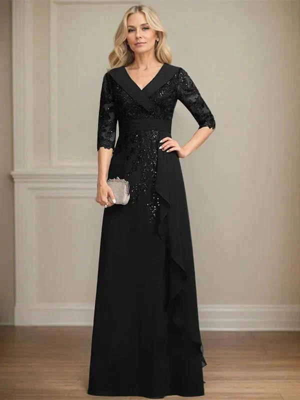 A-line Collared V-Neck Floor-Length Lace Chiffon Mother of the Bride Dress With Sequins Cascading Ruffles - Image 14