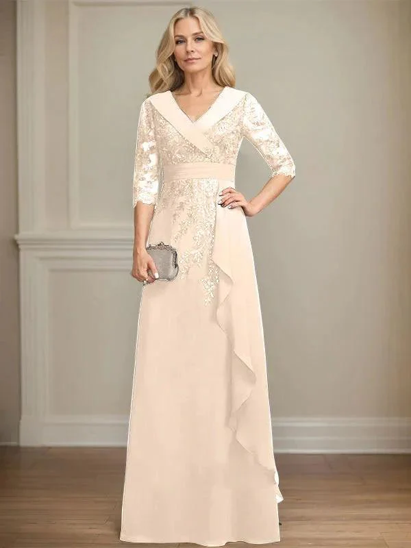 A-line Collared V-Neck Floor-Length Lace Chiffon Mother of the Bride Dress With Sequins Cascading Ruffles - Image 15