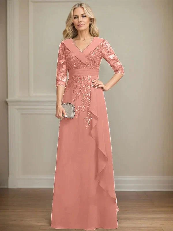 A-line Collared V-Neck Floor-Length Lace Chiffon Mother of the Bride Dress With Sequins Cascading Ruffles - Image 16