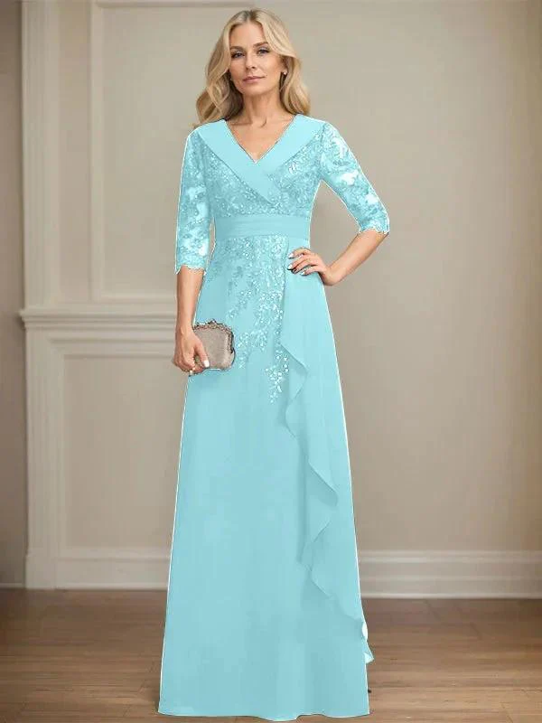 A-line Collared V-Neck Floor-Length Lace Chiffon Mother of the Bride Dress With Sequins Cascading Ruffles - Image 17