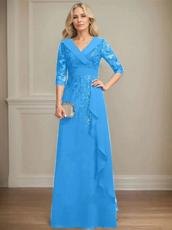 A-line Collared V-Neck Floor-Length Lace Chiffon Mother of the Bride Dress With Sequins Cascading Ruffles - Image 18