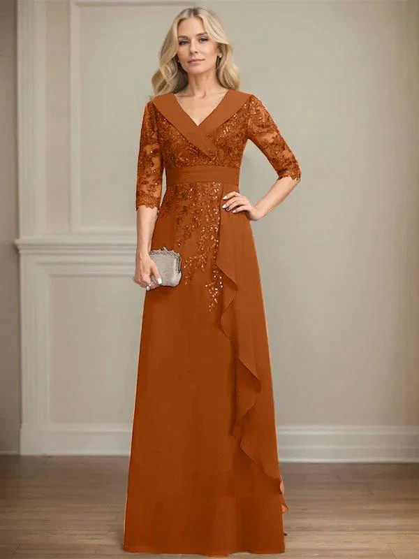 A-line Collared V-Neck Floor-Length Lace Chiffon Mother of the Bride Dress With Sequins Cascading Ruffles - Image 19
