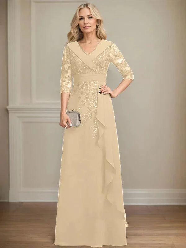 A-line Collared V-Neck Floor-Length Lace Chiffon Mother of the Bride Dress With Sequins Cascading Ruffles - Image 20
