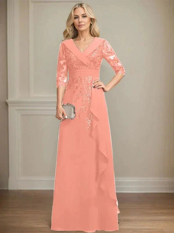 A-line Collared V-Neck Floor-Length Lace Chiffon Mother of the Bride Dress With Sequins Cascading Ruffles - Image 21