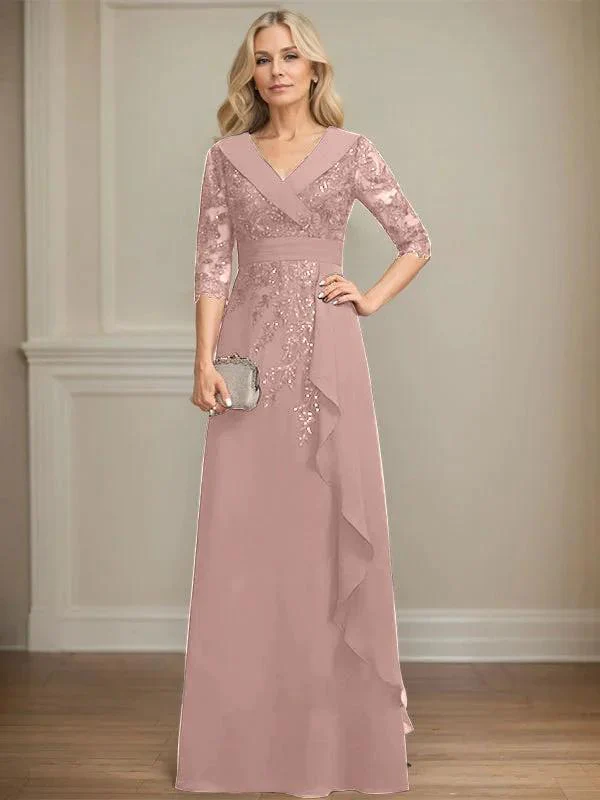 A-line Collared V-Neck Floor-Length Lace Chiffon Mother of the Bride Dress With Sequins Cascading Ruffles - Image 22