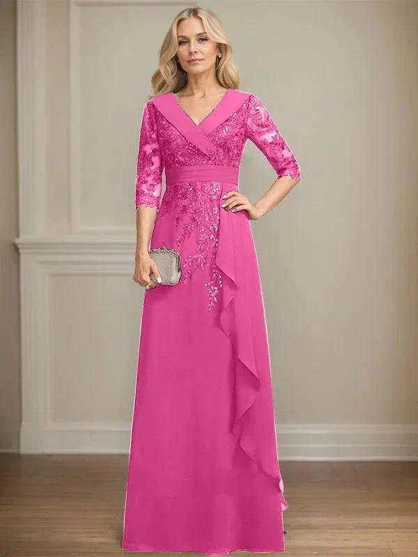 A-line Collared V-Neck Floor-Length Lace Chiffon Mother of the Bride Dress With Sequins Cascading Ruffles - Image 23
