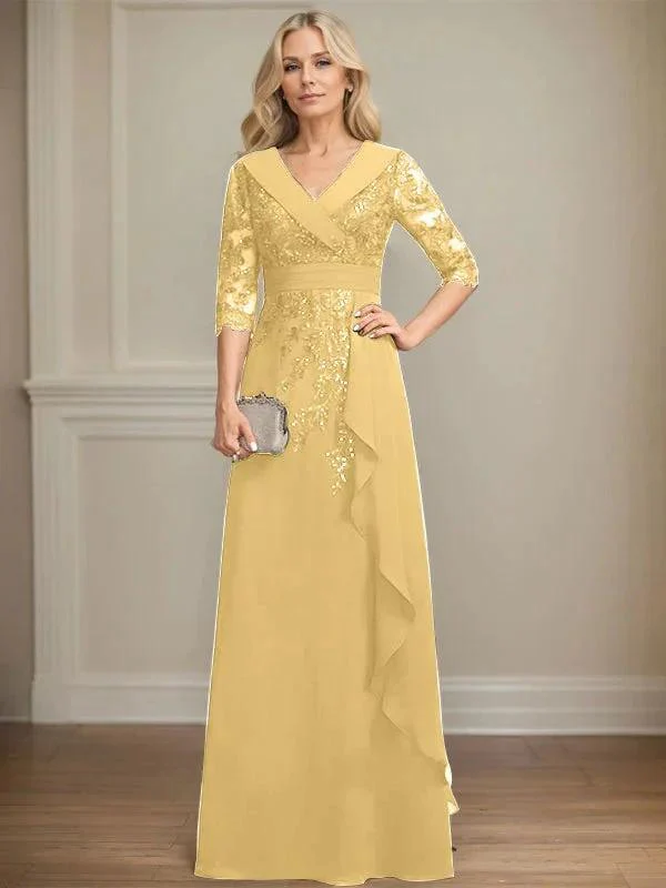A-line Collared V-Neck Floor-Length Lace Chiffon Mother of the Bride Dress With Sequins Cascading Ruffles - Image 24