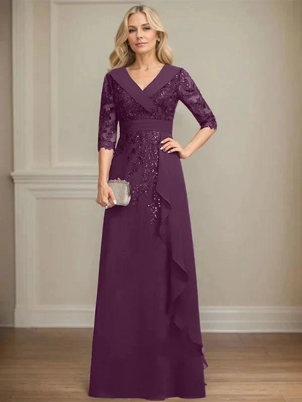 A-line Collared V-Neck Floor-Length Lace Chiffon Mother of the Bride Dress With Sequins Cascading Ruffles - Image 25