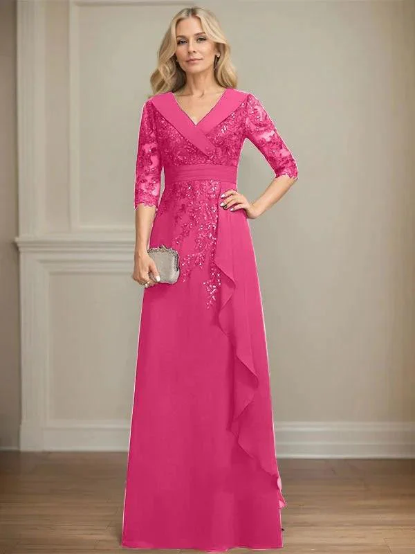 A-line Collared V-Neck Floor-Length Lace Chiffon Mother of the Bride Dress With Sequins Cascading Ruffles - Image 26