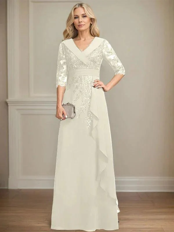A-line Collared V-Neck Floor-Length Lace Chiffon Mother of the Bride Dress With Sequins Cascading Ruffles - Image 27