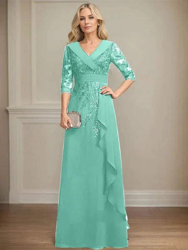 A-line Collared V-Neck Floor-Length Lace Chiffon Mother of the Bride Dress With Sequins Cascading Ruffles - Image 28