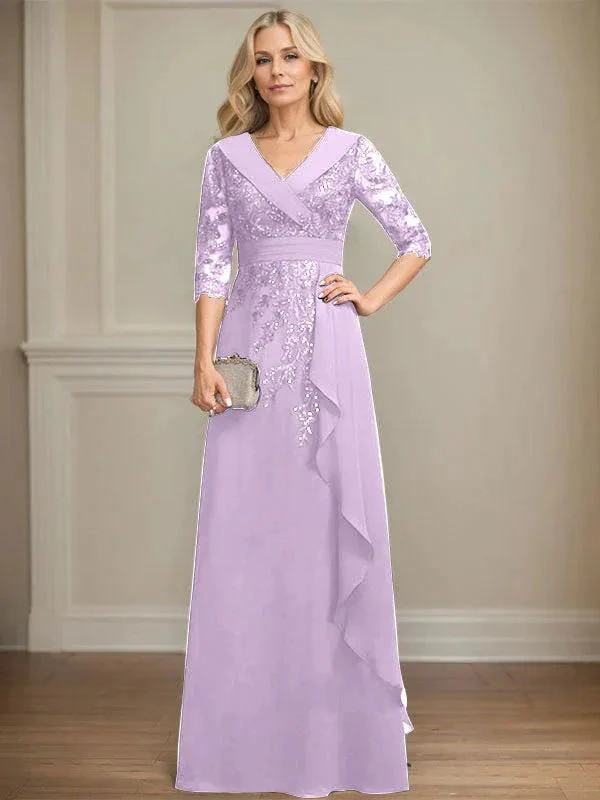 A-line Collared V-Neck Floor-Length Lace Chiffon Mother of the Bride Dress With Sequins Cascading Ruffles - Image 29