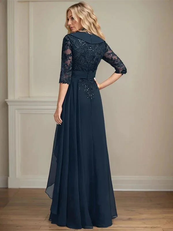 A-line Collared V-Neck Floor-Length Lace Chiffon Mother of the Bride Dress With Sequins Cascading Ruffles - Image 3