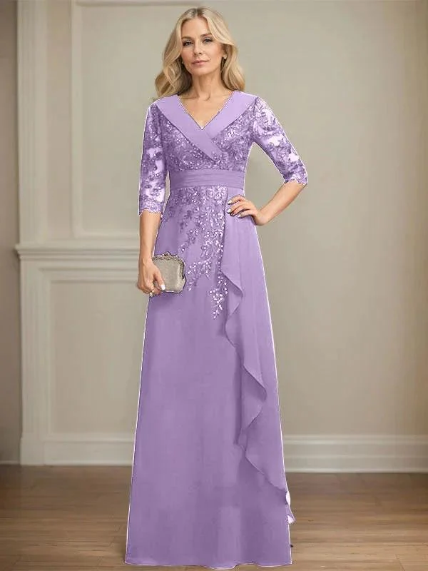 A-line Collared V-Neck Floor-Length Lace Chiffon Mother of the Bride Dress With Sequins Cascading Ruffles - Image 30