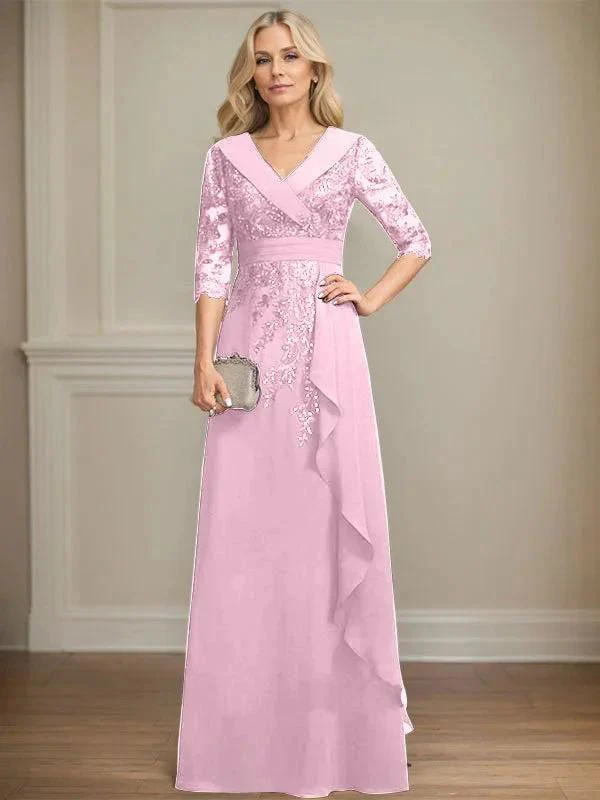 A-line Collared V-Neck Floor-Length Lace Chiffon Mother of the Bride Dress With Sequins Cascading Ruffles - Image 31
