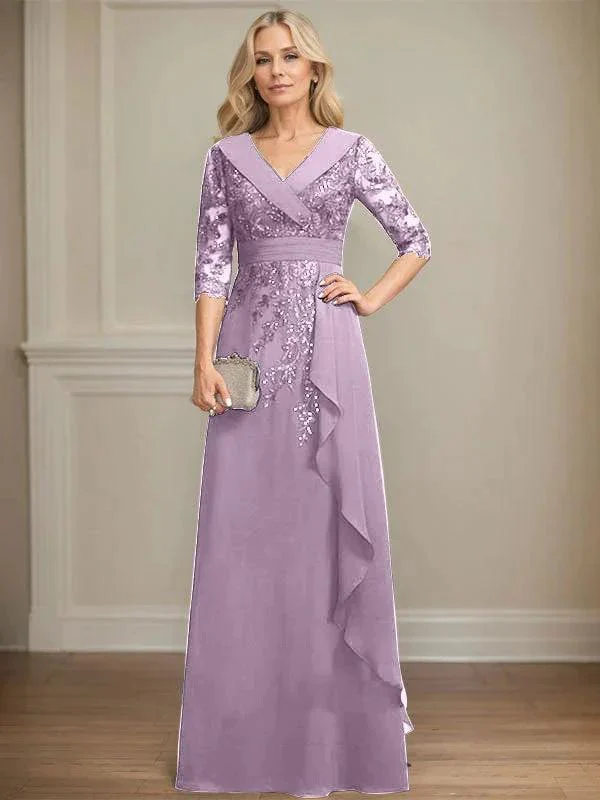 A-line Collared V-Neck Floor-Length Lace Chiffon Mother of the Bride Dress With Sequins Cascading Ruffles - Image 32