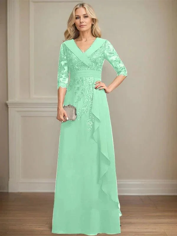 A-line Collared V-Neck Floor-Length Lace Chiffon Mother of the Bride Dress With Sequins Cascading Ruffles - Image 33