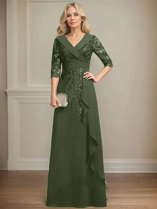 A-line Collared V-Neck Floor-Length Lace Chiffon Mother of the Bride Dress With Sequins Cascading Ruffles - Image 35