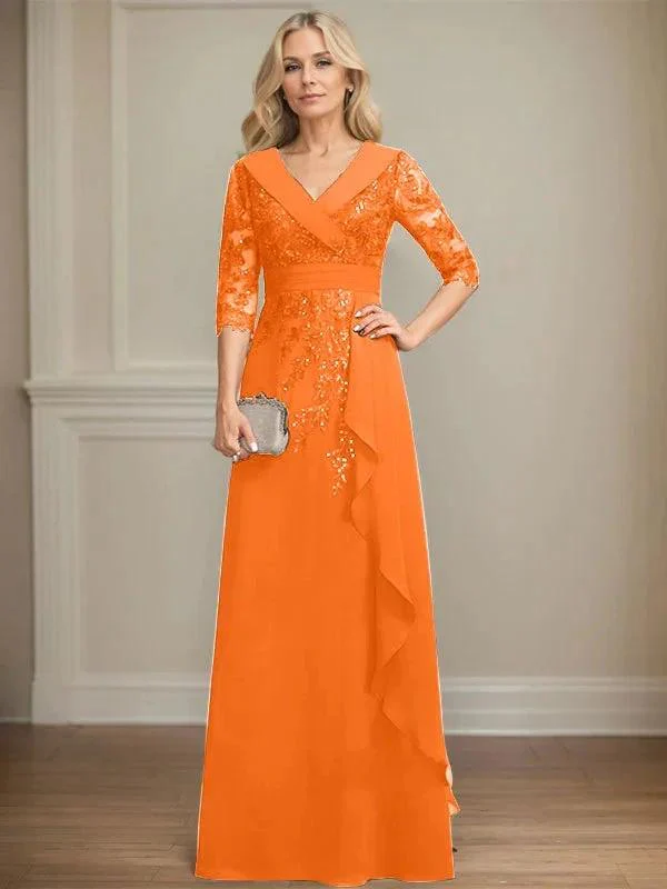 A-line Collared V-Neck Floor-Length Lace Chiffon Mother of the Bride Dress With Sequins Cascading Ruffles - Image 36