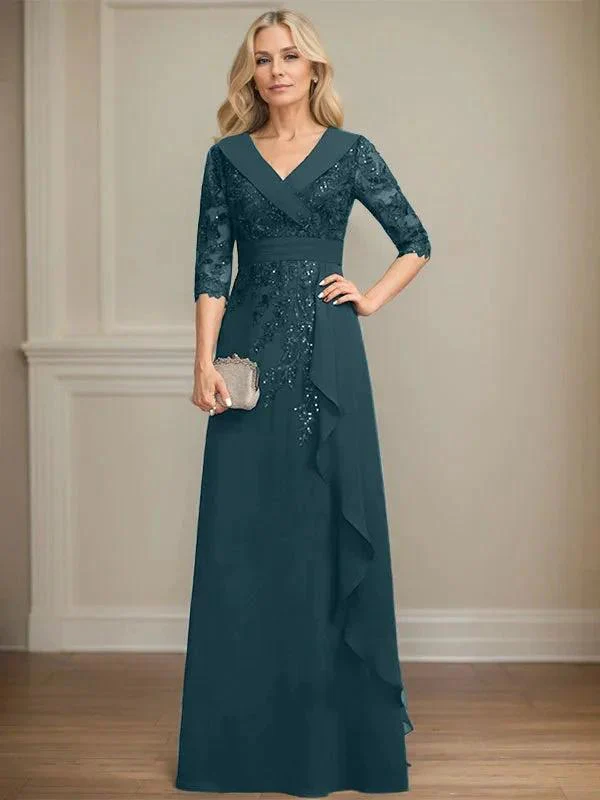 A-line Collared V-Neck Floor-Length Lace Chiffon Mother of the Bride Dress With Sequins Cascading Ruffles - Image 37