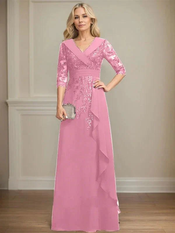 A-line Collared V-Neck Floor-Length Lace Chiffon Mother of the Bride Dress With Sequins Cascading Ruffles - Image 38