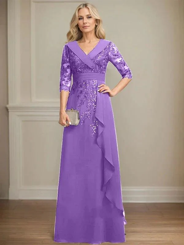 A-line Collared V-Neck Floor-Length Lace Chiffon Mother of the Bride Dress With Sequins Cascading Ruffles - Image 39