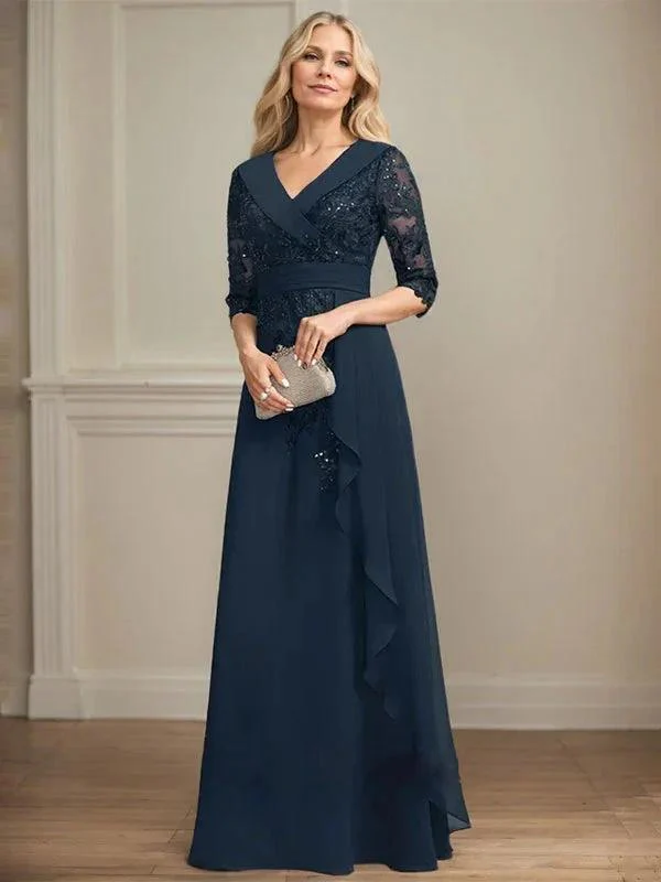A-line Collared V-Neck Floor-Length Lace Chiffon Mother of the Bride Dress With Sequins Cascading Ruffles - Image 4