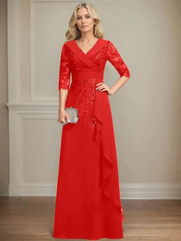 A-line Collared V-Neck Floor-Length Lace Chiffon Mother of the Bride Dress With Sequins Cascading Ruffles - Image 40